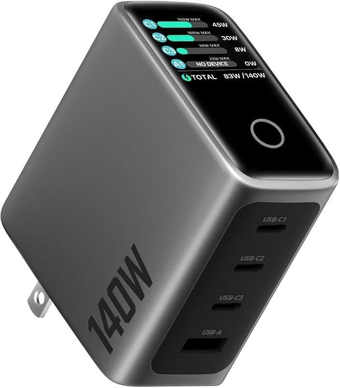 140W MAX USB C Charger, 4-Port GaN Fast charger with Smart Display &Touch Control, Foldable and Compact Adapter for