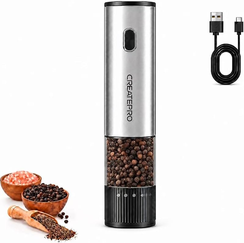 Electric salt and pepper grinder set 1 Pack, Rechargeable Stainless Steel Automatic Pepper Mill with 5-Level