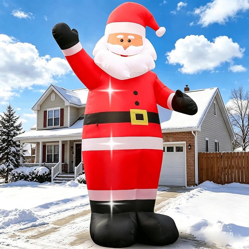 FunFanso 12 FT Giant Christmas Inflatable Santa Claus Outdoor Decoration, Adorable Blow up Santa Tilting His Head &