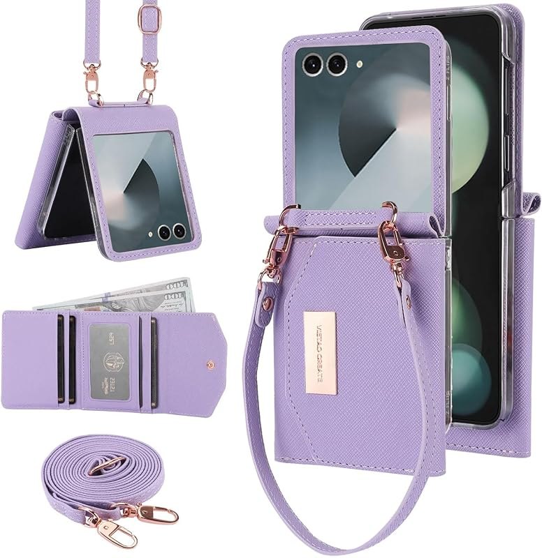 for Samsung Galaxy Z Flip 8 Wallet Case with Built-in Leather Cash Slot and Credit Card Holder. Wristlet Strap and