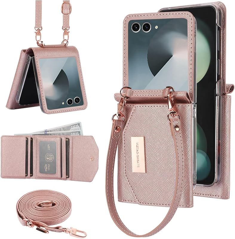 for Samsung Galaxy Z Flip 8 Wallet Case with Built-in Leather Cash Slot and Credit Card Holder. Wristlet Strap and