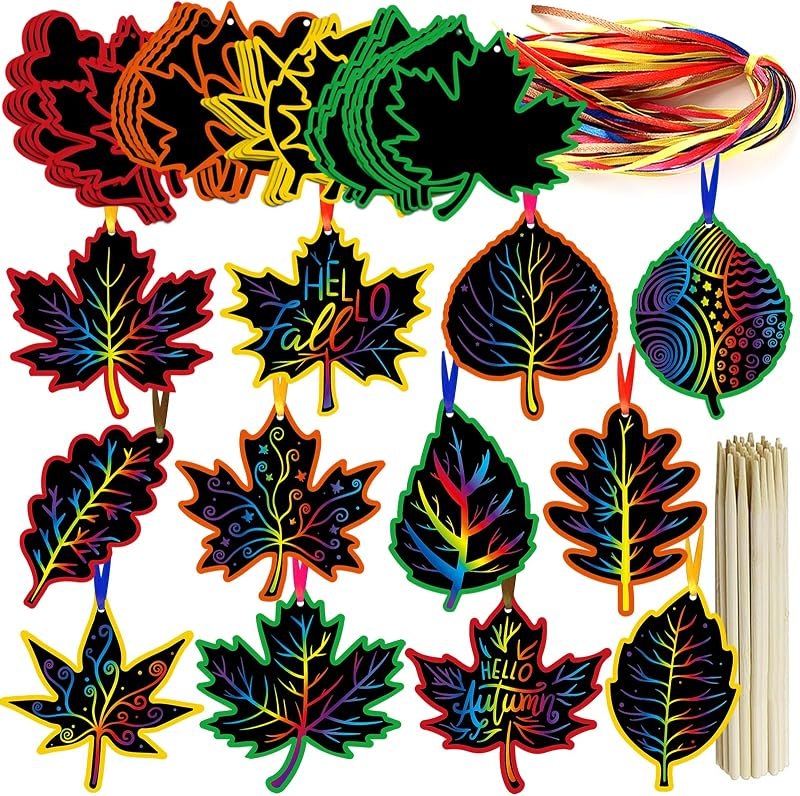 Sealmic 60 Packs Magic Color Scratch Black Fall Leaves Ornaments Decorations Fall Leaves Ornaments Thanksgiving Arts