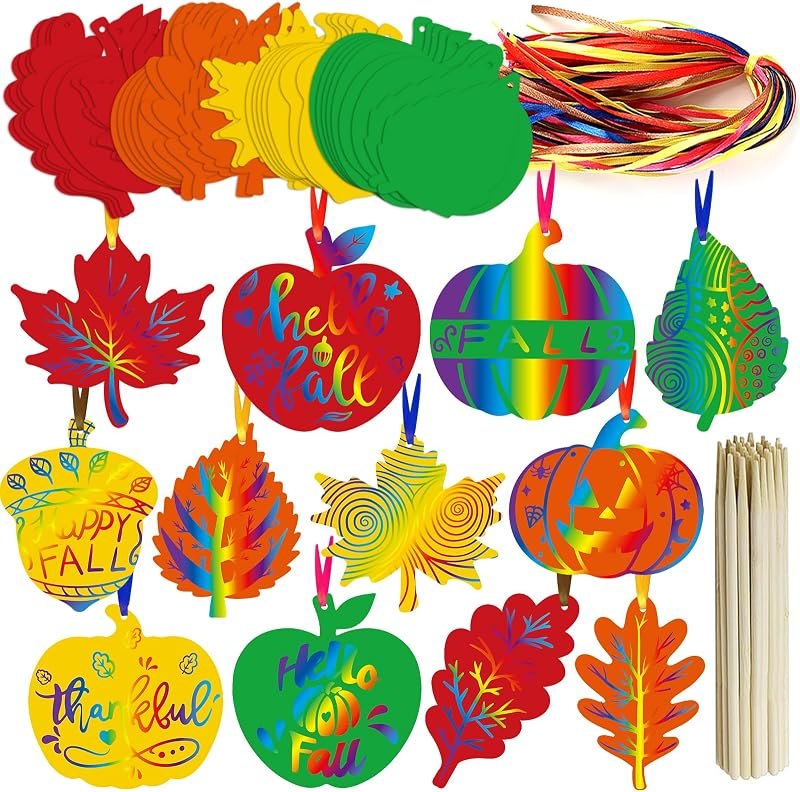 Sealmic 60 Packs Colorful Magic Color Scratch Fall Scratch Art Harvest Rainbow Scratch Paper Art Set Fall Ornaments
