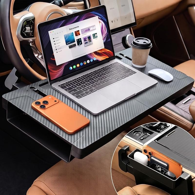 XOOL 2-in-1 Car Steering Wheel Tray & Car Seat Gap Filler Organizer, Foldable Adjustable Car Desk for Laptop, Eating