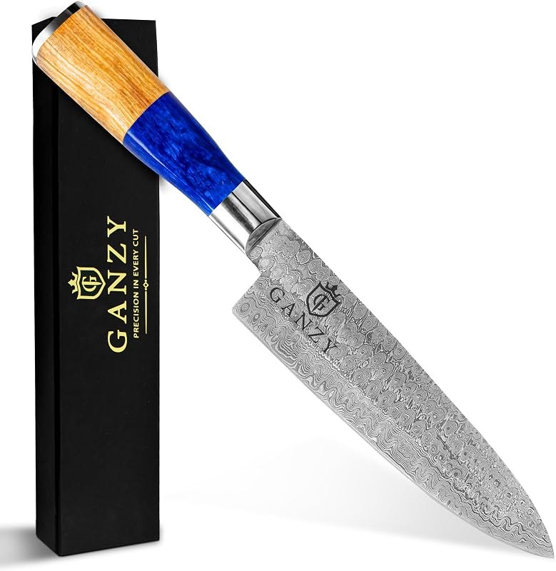 8 Inch Damascus Chef Knife, Japanese Damascus Steel Kitchen Knife with Olive Wood & Blue Resin Handle, Razor Sharp