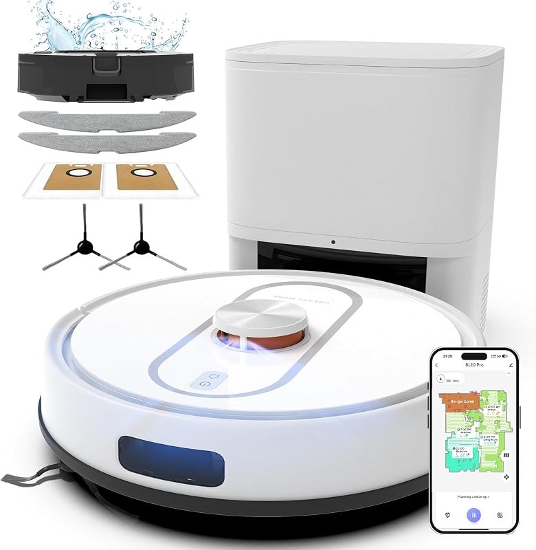 Bagotte Robot Vacuum and Mop Combo, 6000Pa LiDAR Navigation Robotic Vacuum with Mapping, Self-Emptying Station for 90