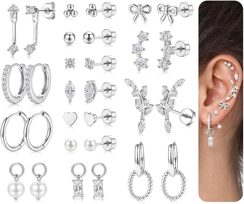 15 Pairs Flat Back Stud Hoop Cartilage Earrings Stacks for Women — flat screw back earrings for flat screw back earrings