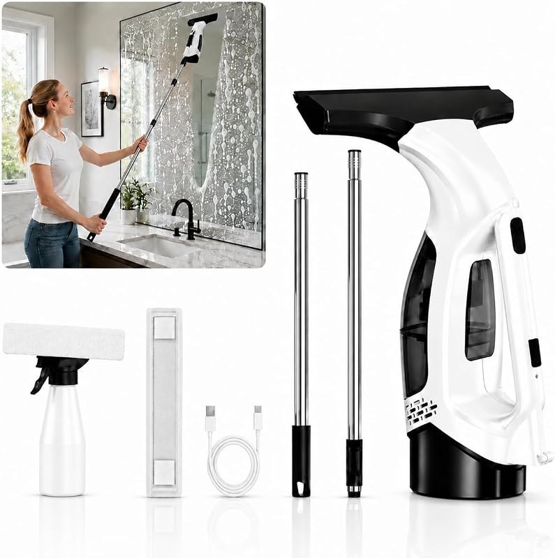 Window Vacuum Squeegee with Extendable Pole, Electric Window Cleaner, Dirty Water Tank and Rubber Blade, Long Handle