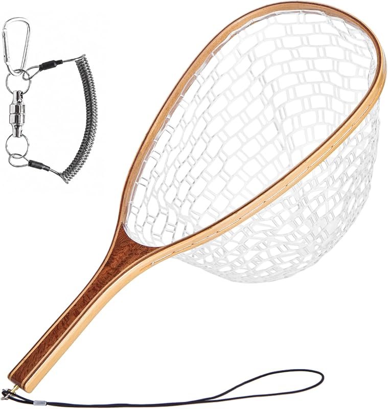Wooden Fly Fishing Landing Net with Clear Soft Rubber Mesh