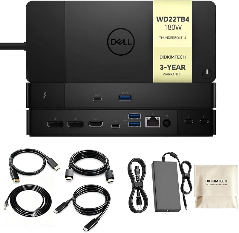 WD22TB4 Dell Thunderbolt 4 Dock, 180W - 40Gbps, Up to 3 Monitors, Dell Docking Station with Cable Storage Bag &