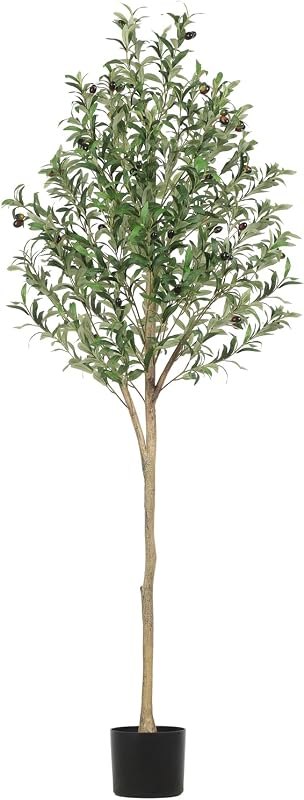 6ft Artificial Olive Tree, Tall Faux Olive Tree Indoor with Natural Wood Trunk & Real Touch Leaves, Fake Potted Olive
