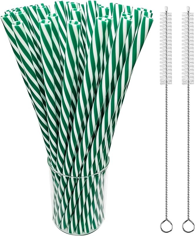 50 Pack 9 Inch Reusable Green Striped Plastic Straws with 2 Cleaning Brushes Hard Drinking Straws for Christmas Winter