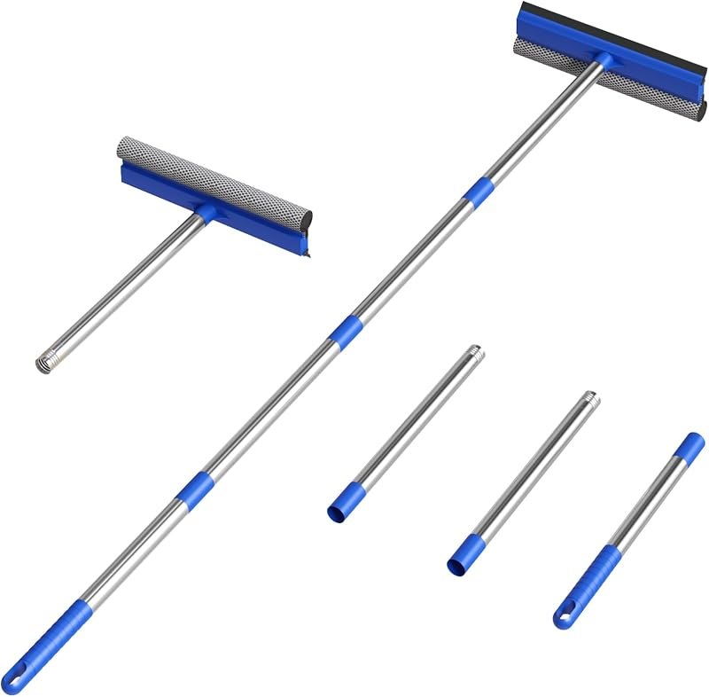 10-Inch Window Squeegee with Long 55" Extension Handle, 2-in-1 Glass Cleaning Tool with Sponge Scrubber and Rubber