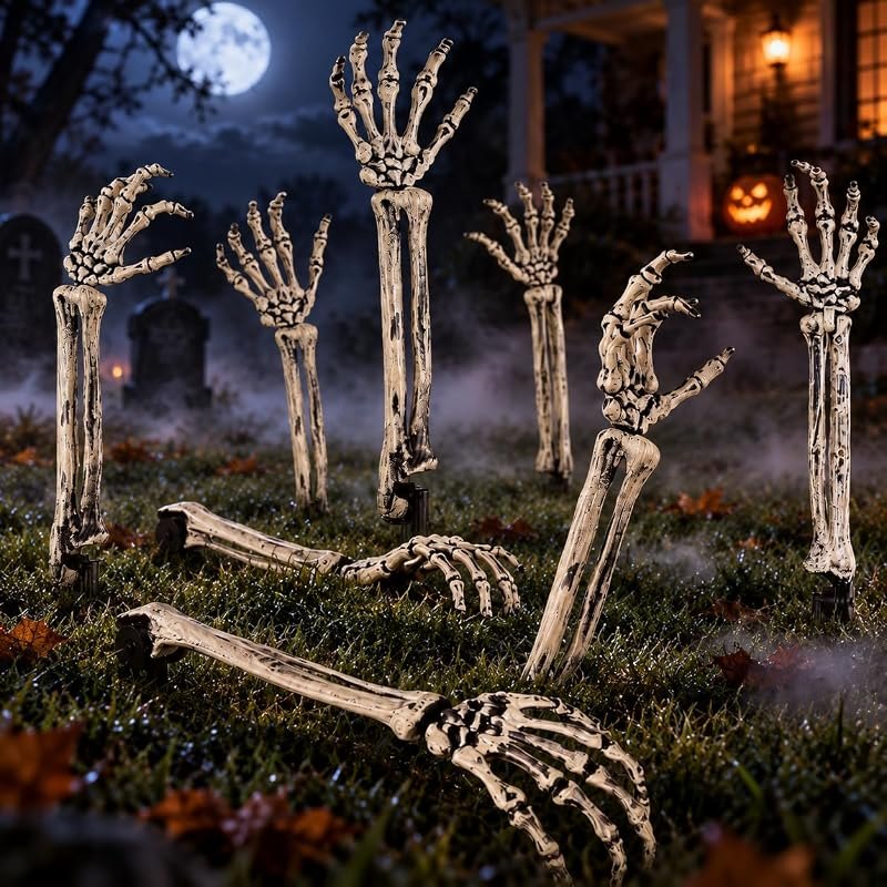 Halloween Skeleton Arms and Hands, 8-Piece Outdoor Yard Decorations Set — halloween tombstone planter for halloween