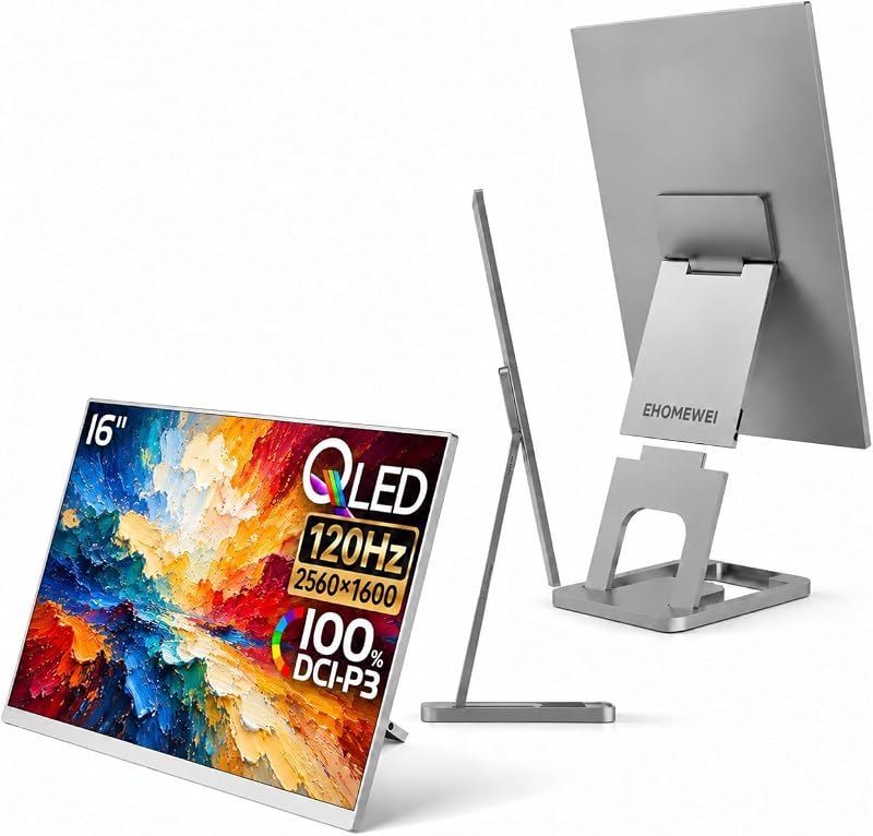 EHOMEWEI N1 16" 2.5K QLED 120Hz Portable Monitor with Detachable Stand — 13.3 inch portable monitor for inch portable