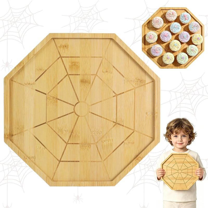 Large Wooden Spider Web Charcuterie Board, 12.2 x 12.2 Inches, Spider Web Shaped Serving Tray, Halloween Birthday
