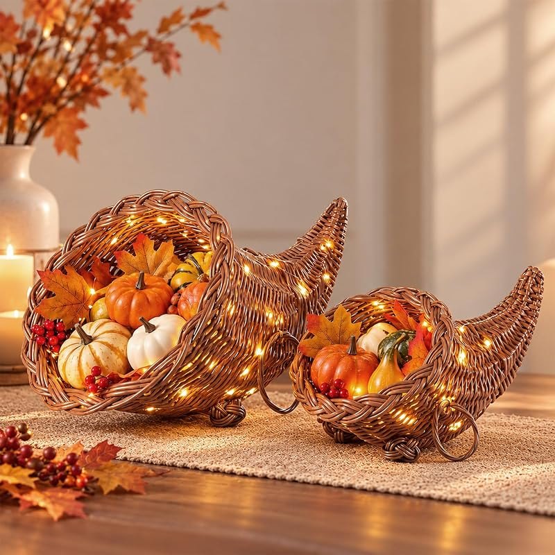 Yookeer 2 Pack Woven Rattan Cornucopia Thanksgiving Decor with LED Lights — thanksgiving cornucopia decoration for