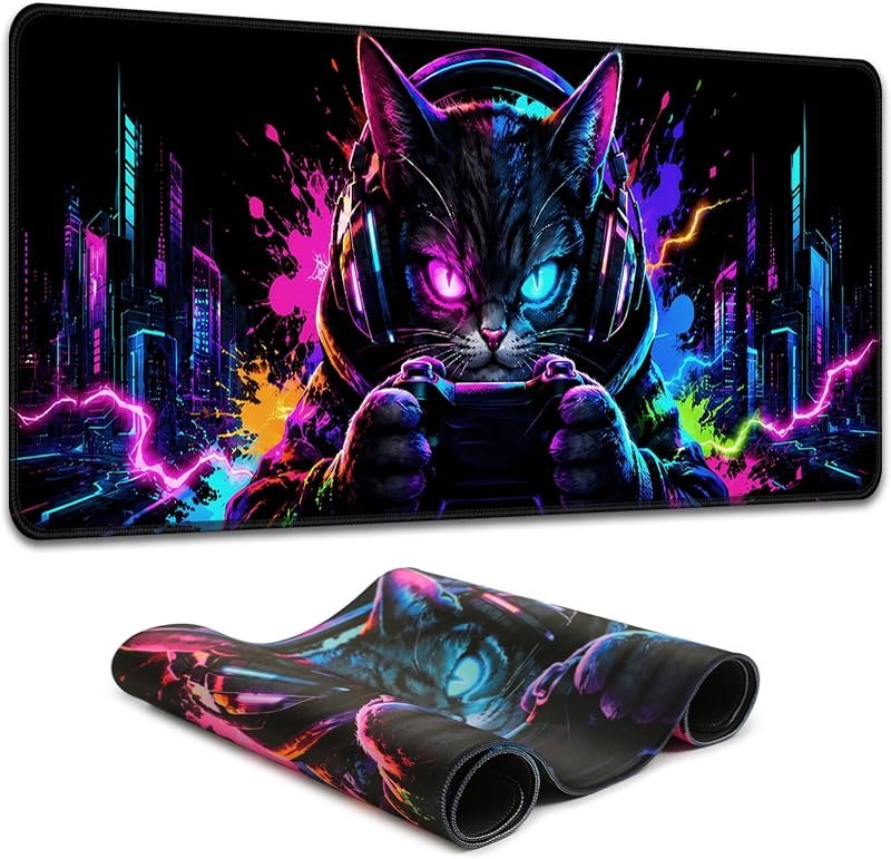 Blacklight Cat Large Gaming Mouse Pad for Desk, Keyboard Mat — Neon Cyberpunk Gaming Mouse for neon cyberpunk gaming
