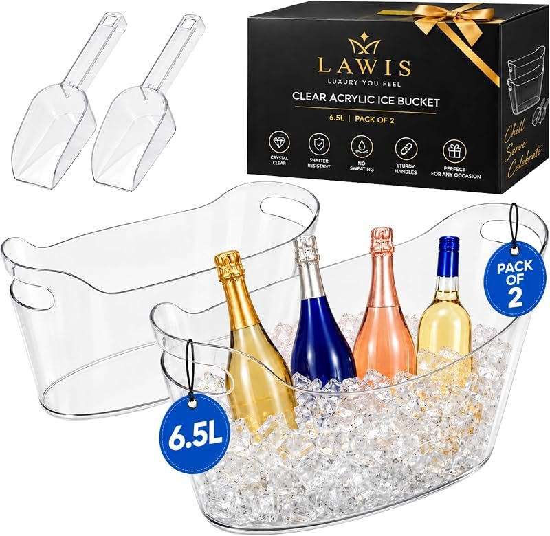 6.5L Acrylic Ice Bucket for Parties, 2 Pack champagne bucket with scoop Heavy-Duty Drop-Resistant Beverage Tub for