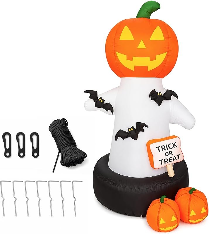 6 FT Halloween Inflatable Pumpkin Ghost Decor, Built‑in LED Lights Blow Up Yard Decoration with Bats & Trick or Treat