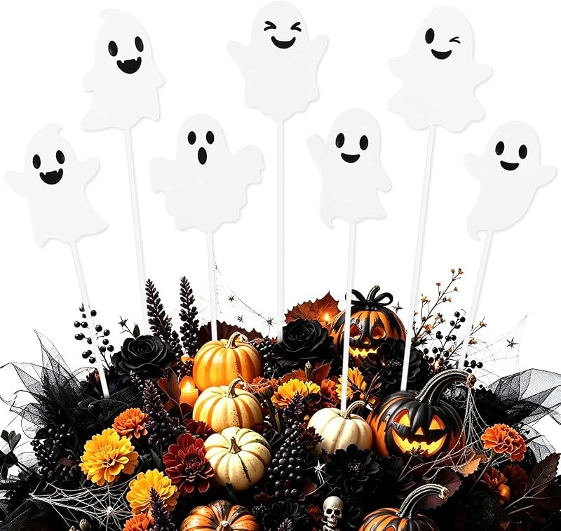 7PCS Halloween Ghost Garden Stakes, 15.55 Inch Metal Halloween Yard Signs Decor, Cute White Ghost Outdoor Decor with