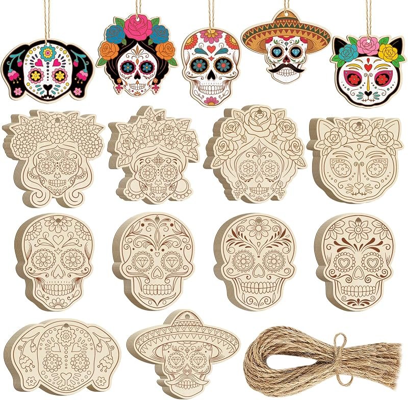 80PCS Wooden Day of The Dead Skull Ornaments to Paint Dia De Los Muertos Decorations Crafts for Kids, Halloween