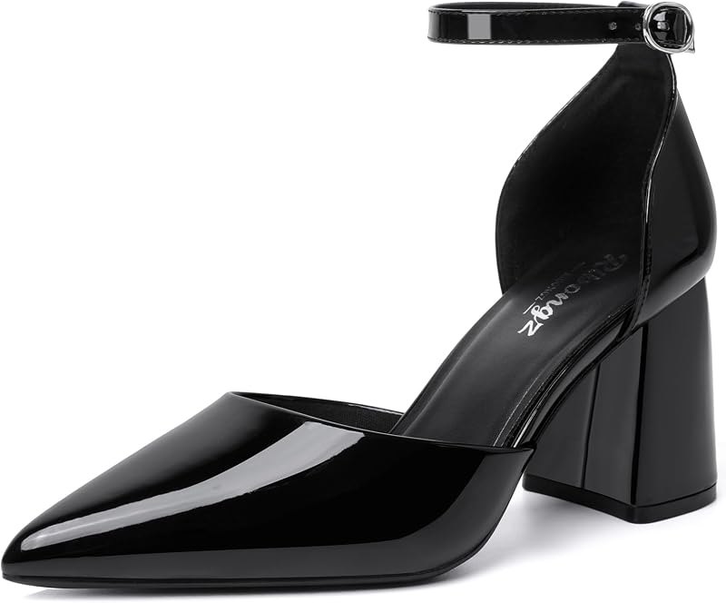 Block Heels for Women Closed Pointed Toe Heeled Slingback Chunky High Heel Ankle Strap Pumps Patent Leather Comfort