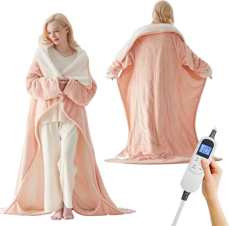Wearable Electric Heated Blanket with Foot Pocket & Sleeves, 50"x70", Pink — household heated blanket for household