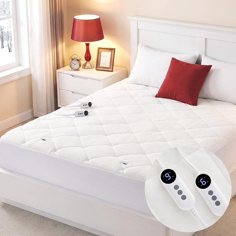 HYLEORY Electric Heated Mattress Pad Queen Size - Dual Control, 6 Heat Settings & 10-Hour Auto Off, Flannel Quilted