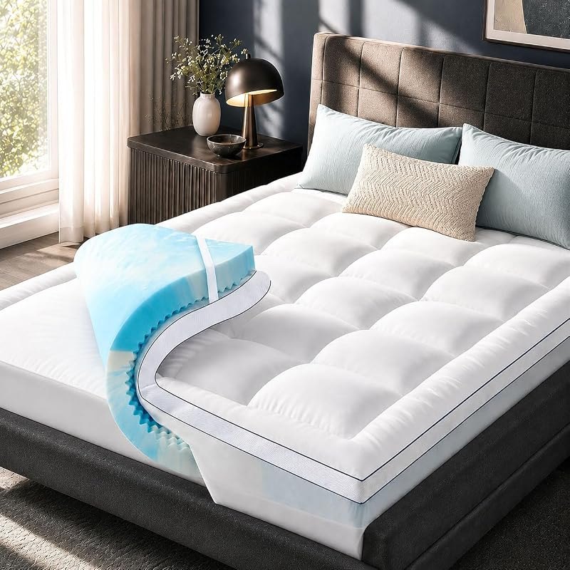 Queen Mattress Topper 4 Inch, Cooling Memory Foam Mattress Topper Queen Size with 2" Gel Foam & 2" Soft Pillow Top