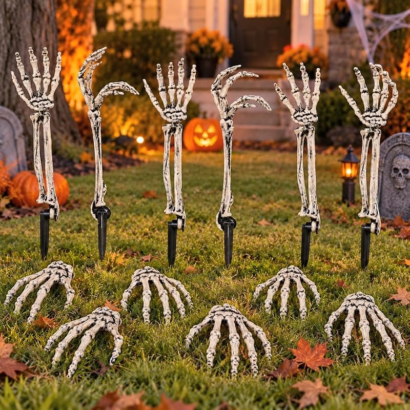 12 PCS Halloween Skeleton Hands Arms Stakes, Realistic Groundbreaker Skeleton Hands with Stakes, Outdoor Halloween