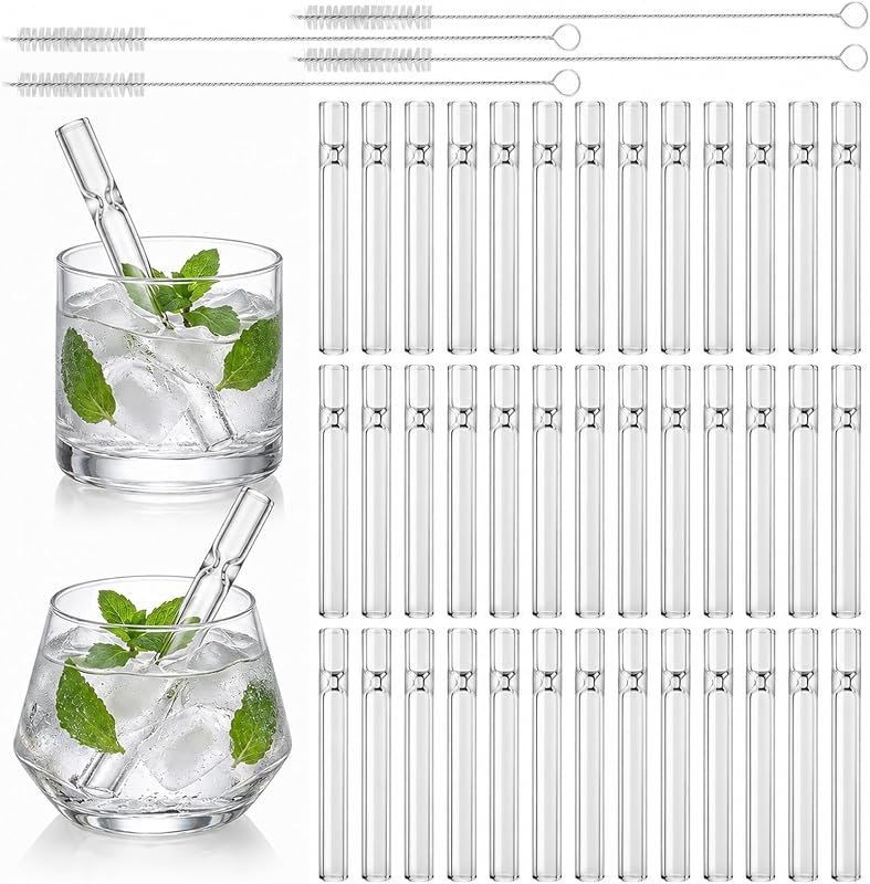 40 Pcs Short Glass Straws, Clear Reusable Straws Glass with 4 Cleaners — glass straw cleaning brush for glass straw