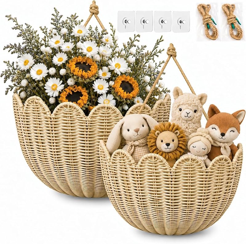 Scalloped Wall Basket, 2Pack Hand Woven Rattan Hanging Wall Baskets — Natural Wicker Wall Hanging for natural wicker