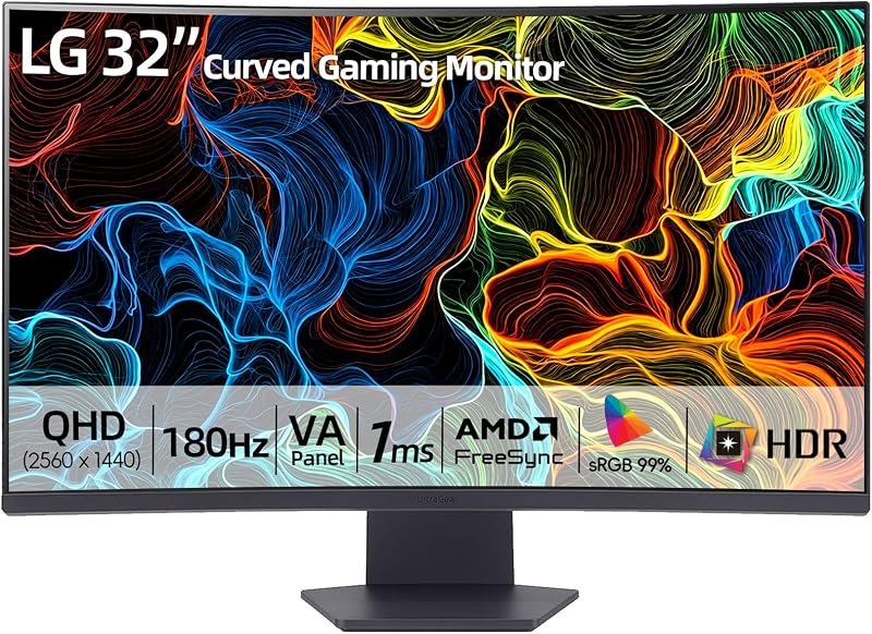 LG 32" Curved Gaming Monitor, QHD 2560x1440, 180Hz Refresh Rate, 1ms GtG, 1000R Panoramic Curvature, AMD FreeSync