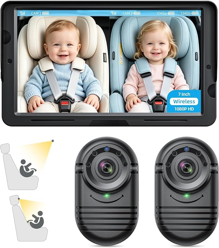 2-Kids Wireless Baby Car Camera: 1080P HD 7” Screen Dual Rear Seat Monitor — baby monitor for baby monitor