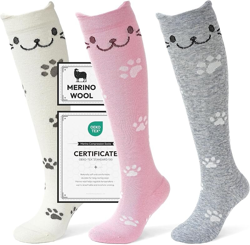 Merino Wool Compression Socks for Women Cute Cat Socks — 15-20 mmHg knee high socks for mmhg knee high socks