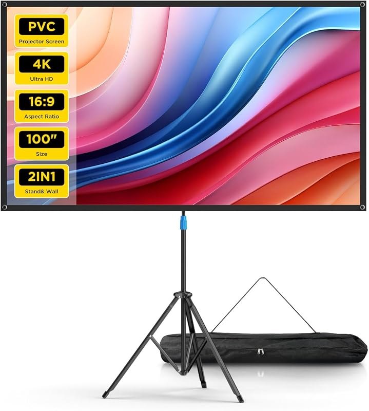 Projector Screen with Stand, 100 Inch Portable Projector Screen Outdoor Indoor, 1.5 Gain Fiberglass Projection Screen
