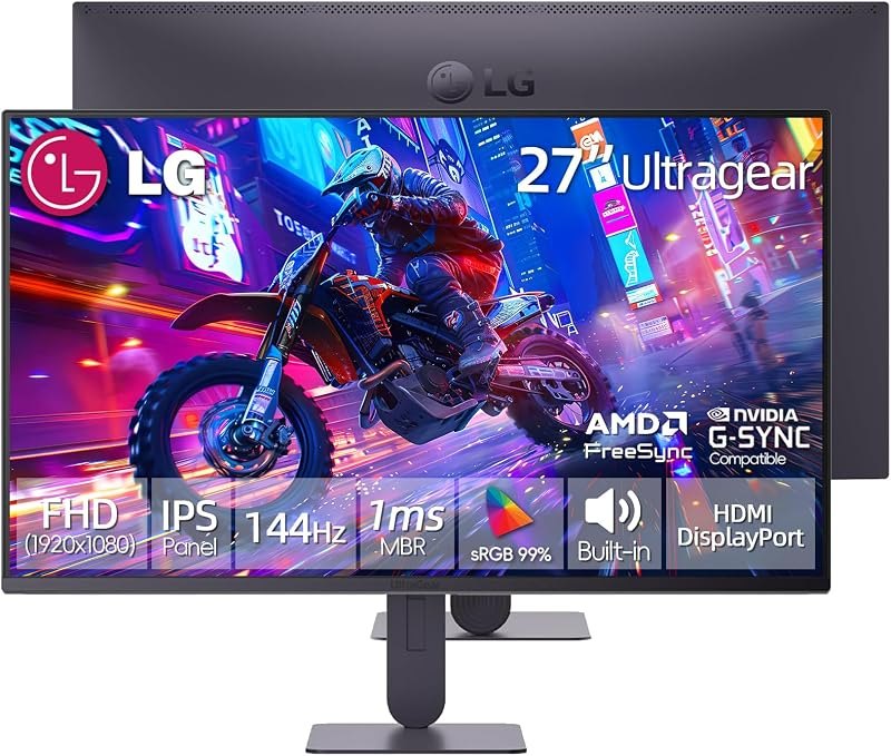 LG 27" Ultragear Gaming Monitor, FHD 1080p IPS Display, 144Hz Refresh Rate, 1ms MBR, HDR10, NVIDIA G-Sync Compatible &