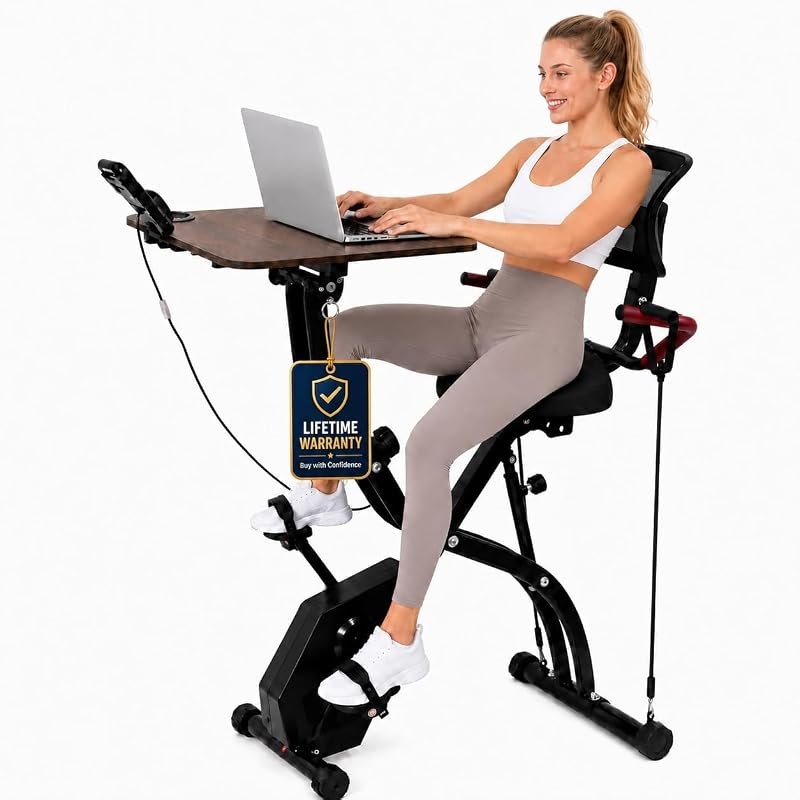 Exercise Bike with Adjustable Desk, Home Office Stationary Bike with Sliding Desktop, Backrest & Wide Seat, Quiet