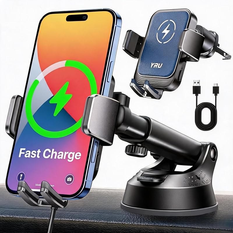 YRU [True Military-Grade Wireless Car Charger Mount, 15W Charging Auto Clamping Car Phone Holder [98+LBS Strong]