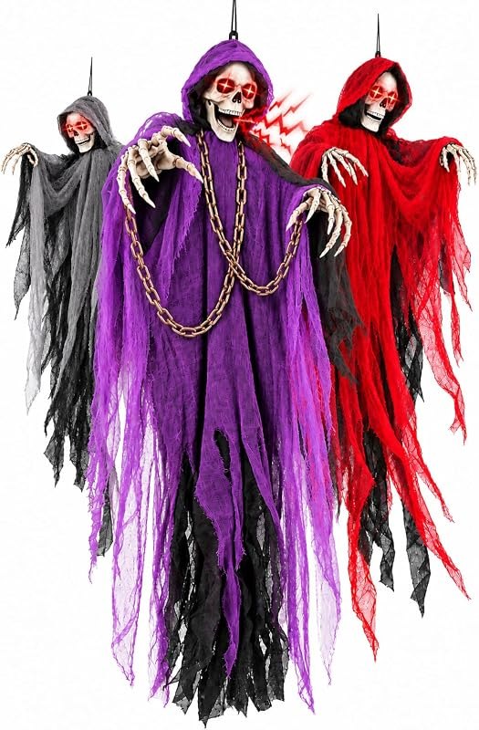 71" Halloween Hanging Skeleton Ghosts with Moving Grabbing Arm, Scary Sound & Glowing Red Eyes, 3 Pack Halloween