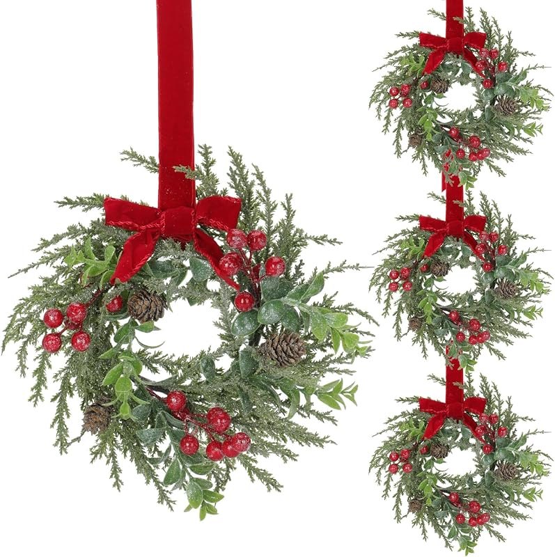4Pcs 12" Mini Christmas Wreath Mini Cabinet Wreaths for Kitchen Christmas Red Bow Eucalyptus with Red Berry Farmhouse