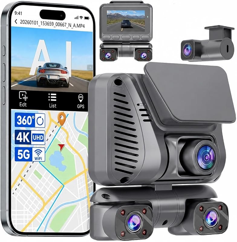 4K 4 Channel Dash Cam Front and Rear Inside Left Right, 360° View Wireless Car Dash Camera with Night Vision GPS Voice