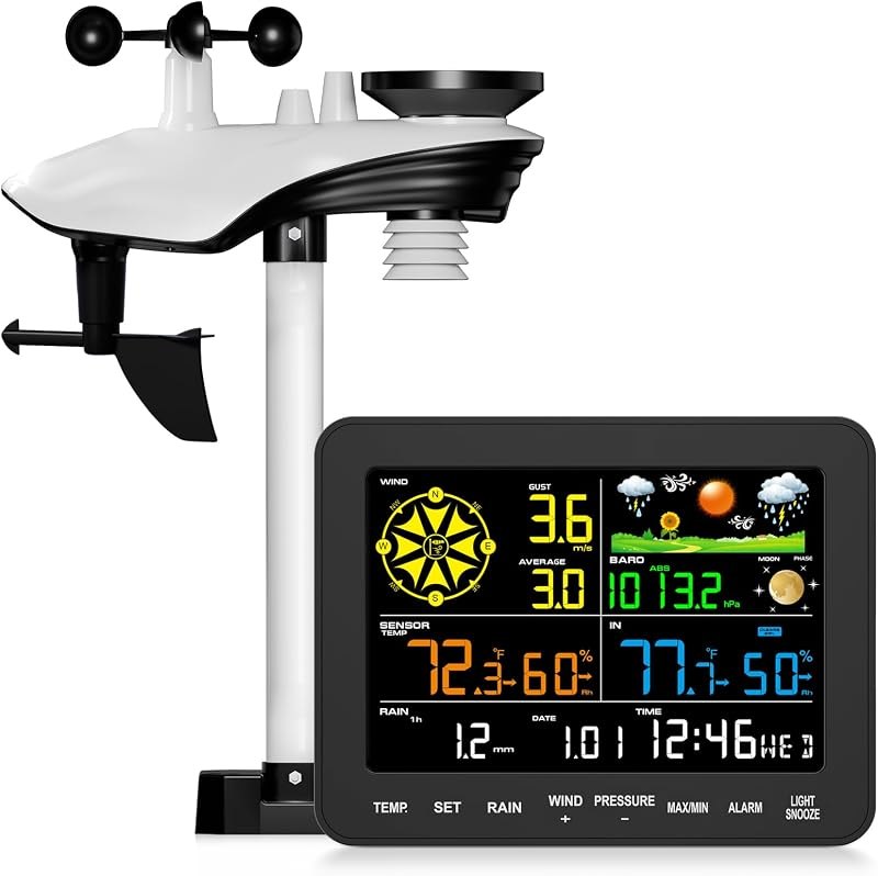 12-in-1 Wireless Weather Station Indoor Outdoor, 6.5" Display & Rain Gauge — Portable Weather Station for portable