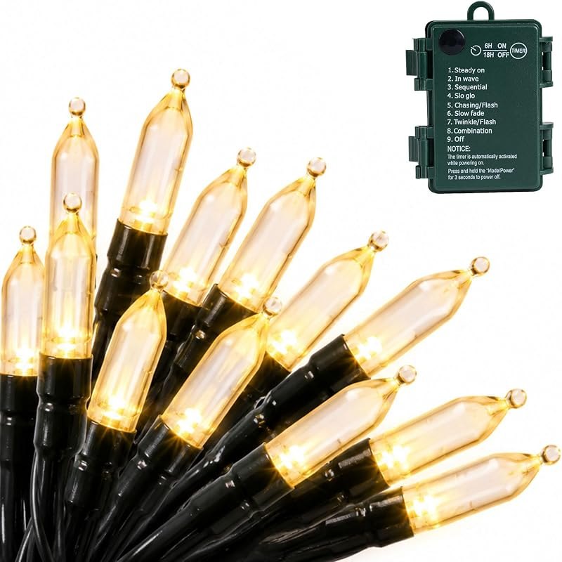 Battery Operated Christmas Lights Outdoor, 18FT 50 LEDs Warm White Mini String Lights with Timer, 8 Modes Waterproof