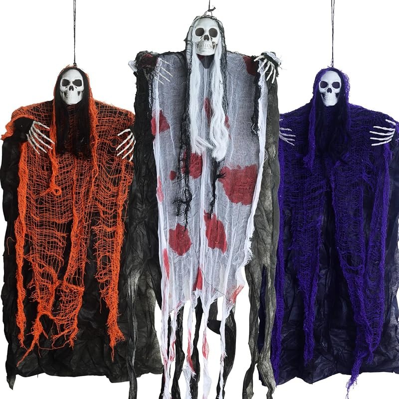 Set of 3 Scary Halloween Decorations Outdoor Indoor Hanging Skeleton Ghosts — Haunted House Prop Set for haunted house