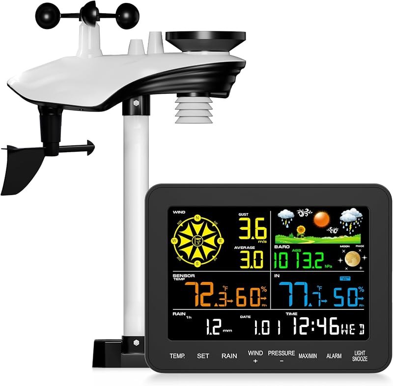 Sainlogic 12-in-1 Wireless Weather Station with 6.5" HD Color Display, Rain Gauge, Wind Speed, Barometer, Forecast