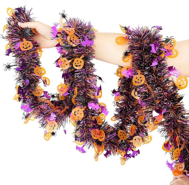 Halloween Tinsel Garland, 52.5Ft Orange Purple Black Pumpkin Bat Spider Hanging Tinsel Streamers, Flexible Metallic