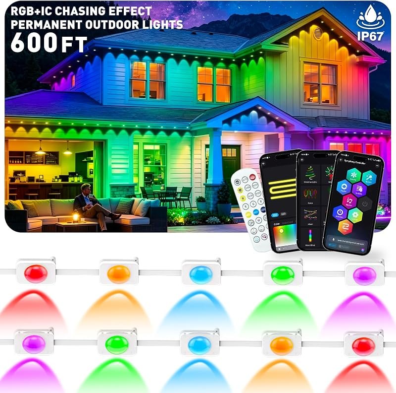 LITSOUL 600FT Permanent Outdoor Lights for House RGB+IC, Chasing Effect Smart RGB+IC Eave LED Lighting with 16 Million