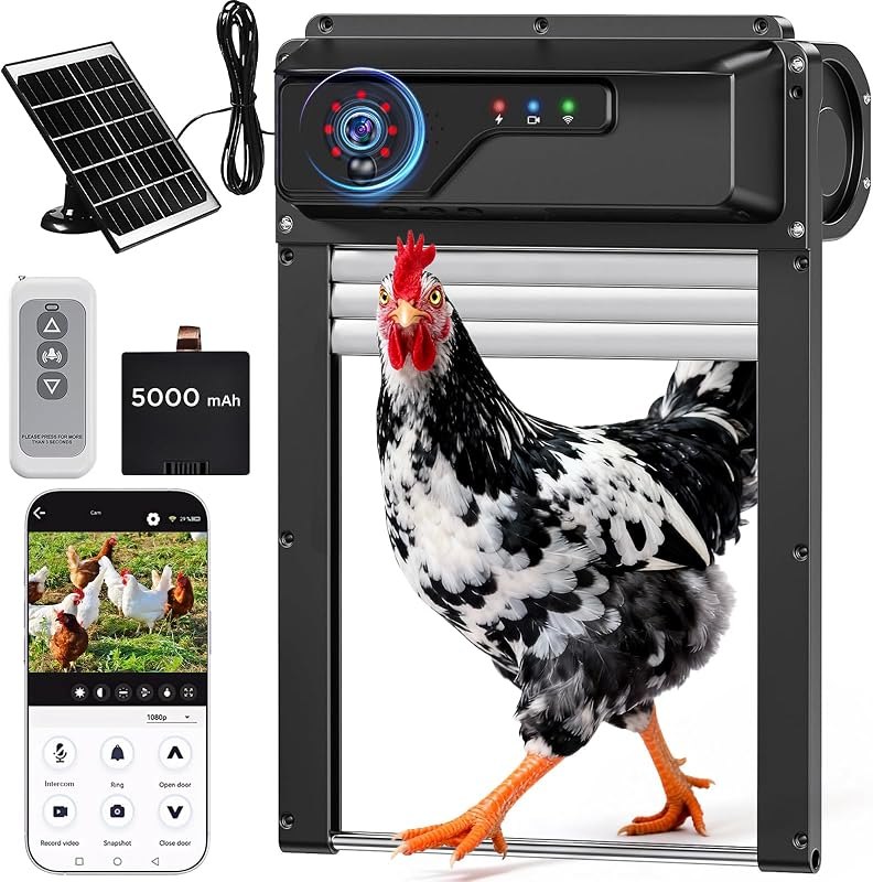 Automatic Chicken Coop Door with HD1080P Camera,Electric Auto WiFi Solar Chicken Coop Door Opener with Timer,Remote